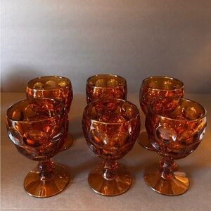 Set of Six Vintage Imperial Amber Thumbprint Goblets Glassware